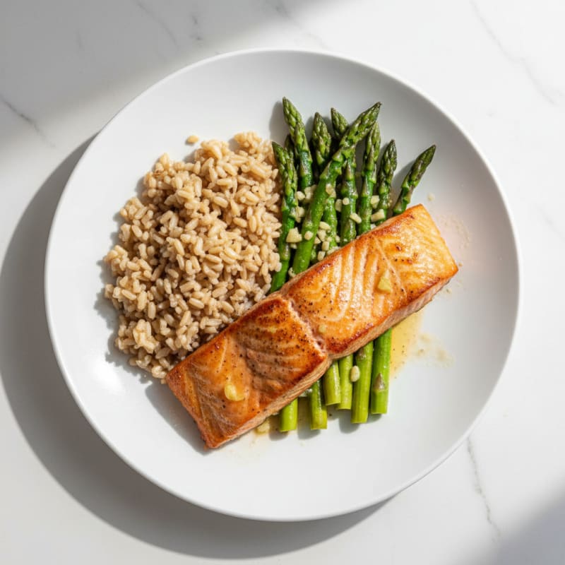 Seared Salmon with Lemon Garlic Asparagus and Brown Rice