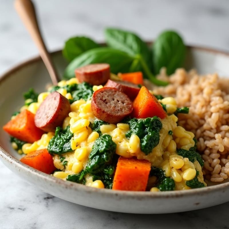Egg White and Turkey Sausage Scramble with Spinach, Roasted Sweet Potato, and Brown Rice