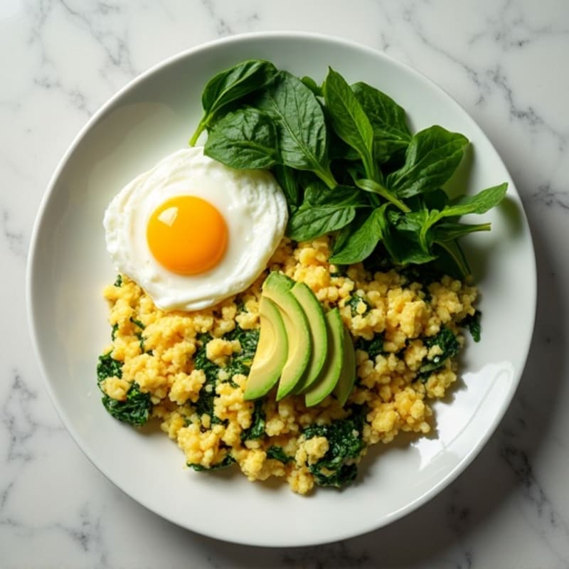 Fluffy Egg and Spinach Scramble with Avocado