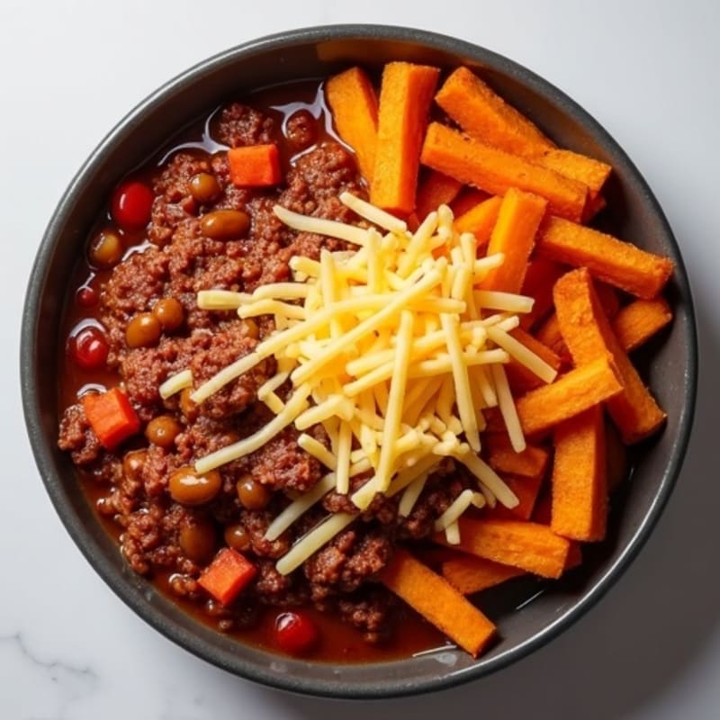 Hearty Lean Beef Chili with Crispy Sweet Potato Fries and Creamy Cheesy Drizzle
