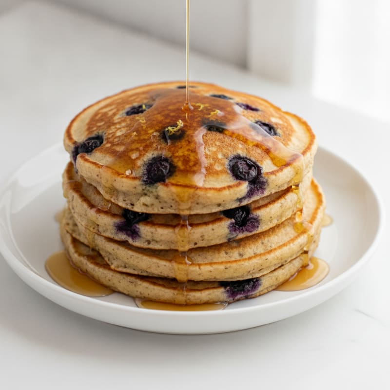 Blueberry Ricotta Pancakes with Maple Syrup
