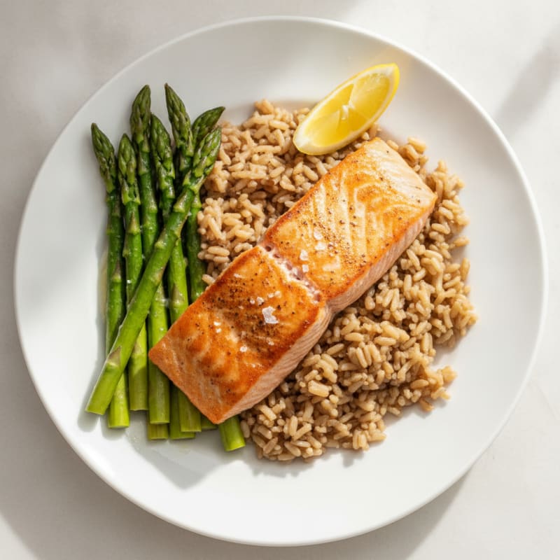 Seared Salmon with Steamed Asparagus and Brown Rice