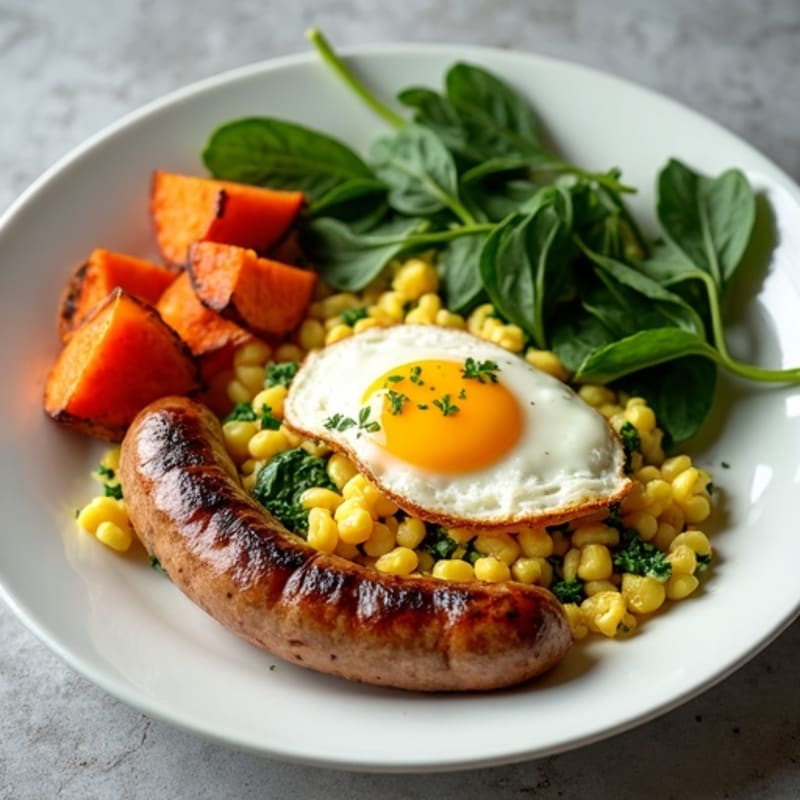 Lean Turkey Sausage and Egg Scramble with Roasted Sweet Potatoes