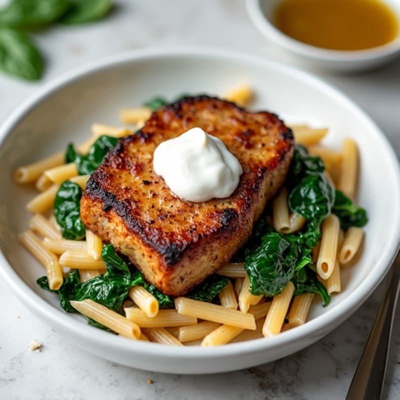 Crispy Steak with Creamy Whole Wheat Pasta and Spinach