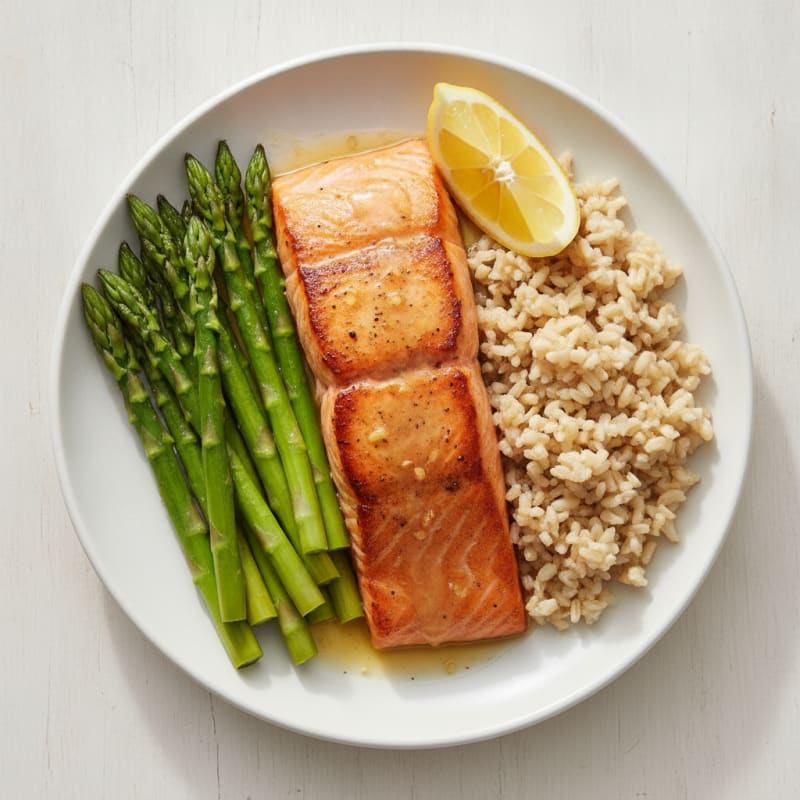 Seared Salmon Fillet with Steamed Asparagus and Brown Rice
