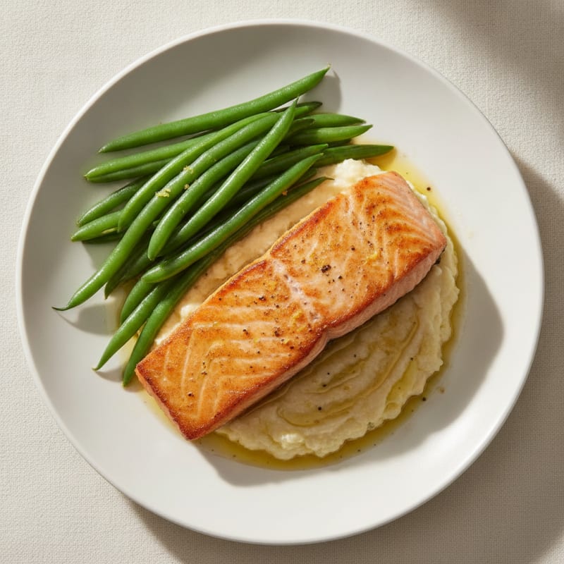Seared Salmon with Steamed Green Beans and Cauliflower Mash