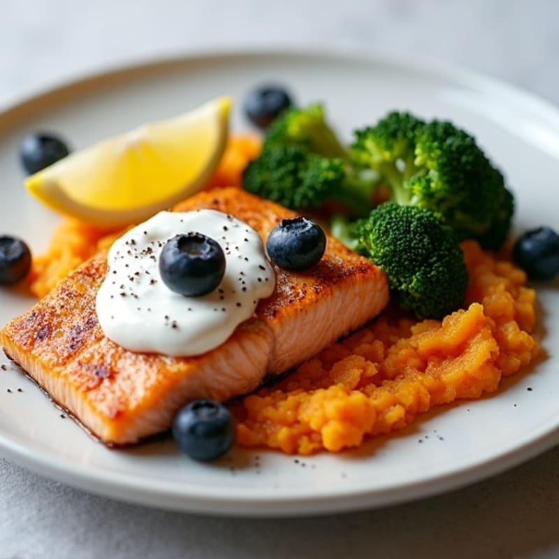 Seared Salmon Fillet with Roasted Broccoli and Sweet Potato Mash