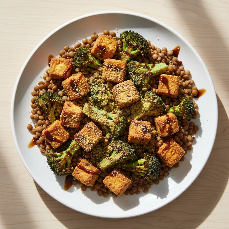 Crispy Tofu and Lentil Power Bowl with Roasted Broccoli