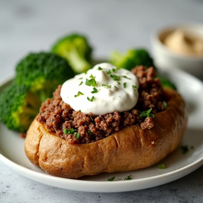 Crispy Baked Potatoes with Lean Ground Beef, Steamed Broccoli, and Creamy Greek Yogurt