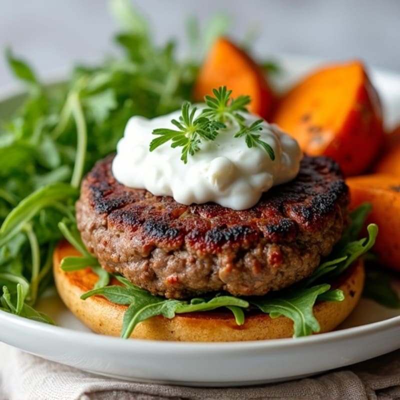 Herb-Seasoned Lamb Burger with Roasted Sweet Potatoes