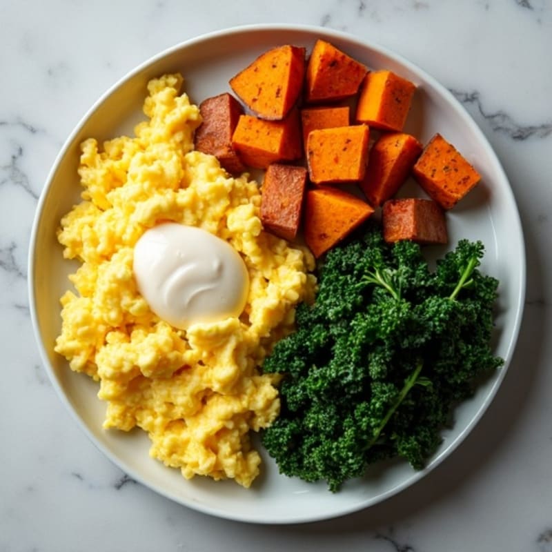 Creamy Scrambled Eggs with Roasted Sweet Potatoes and Sautéed Kale