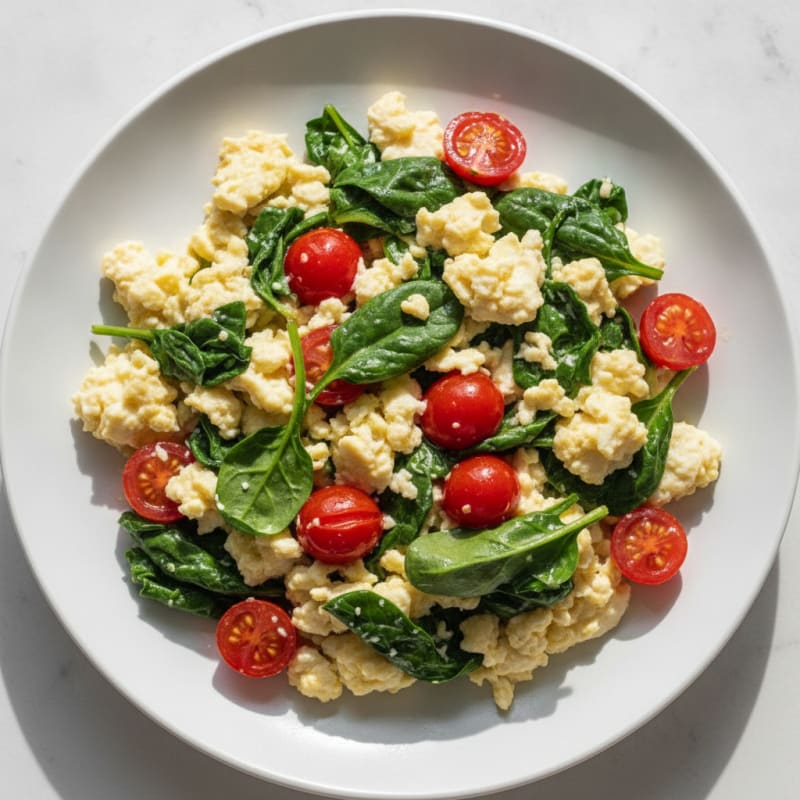 Egg White Spinach Scramble with Cherry Tomatoes