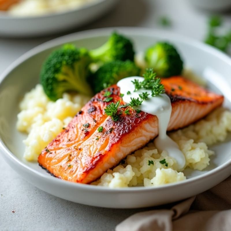 Seared Salmon with Herb Potato Mash and Steamed Broccoli