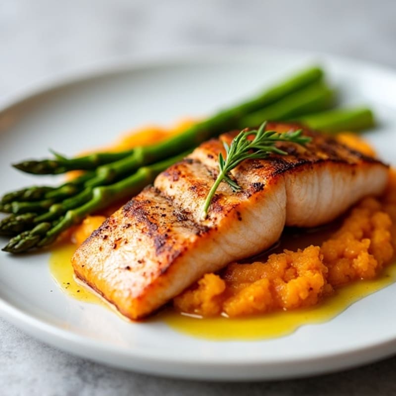 Seared Salmon with Steamed Asparagus and Sweet Potato Mash