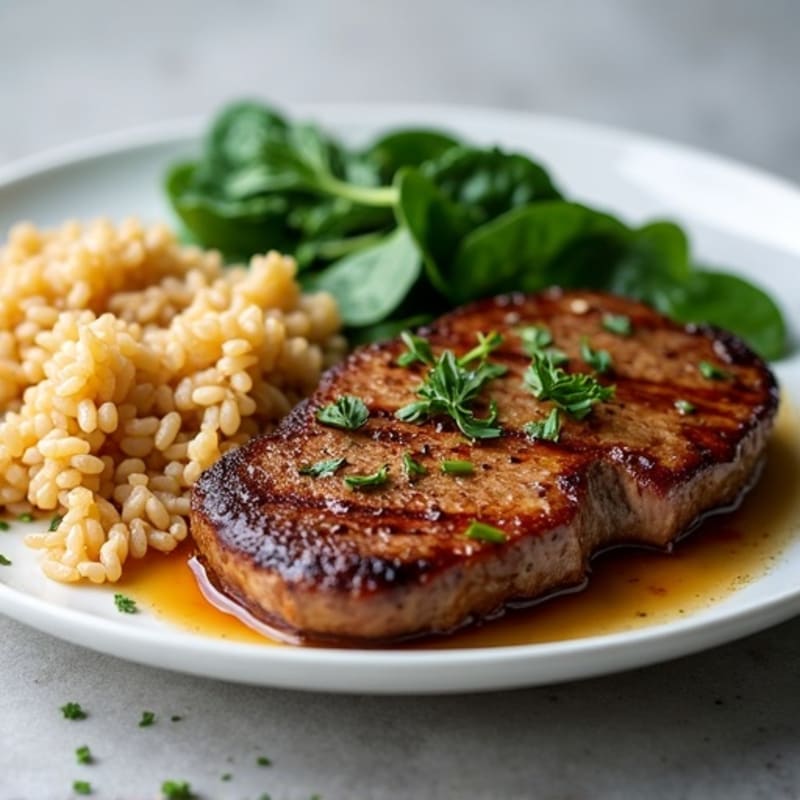 Seared Garlic Steak with Brown Rice and Sautéed Greens