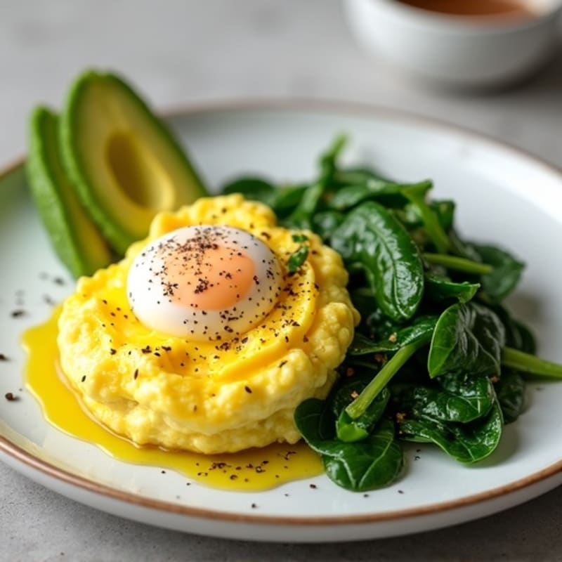 Creamy Scrambled Eggs with Fresh Avocado and Sautéed Greens