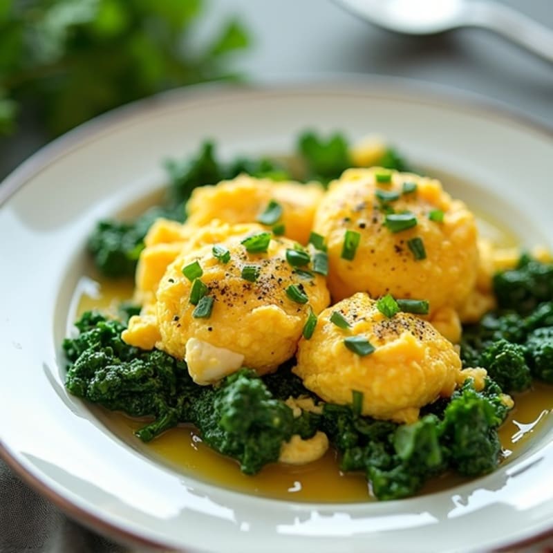 Fluffy Scrambled Eggs with Fresh Herbs and Sautéed Greens