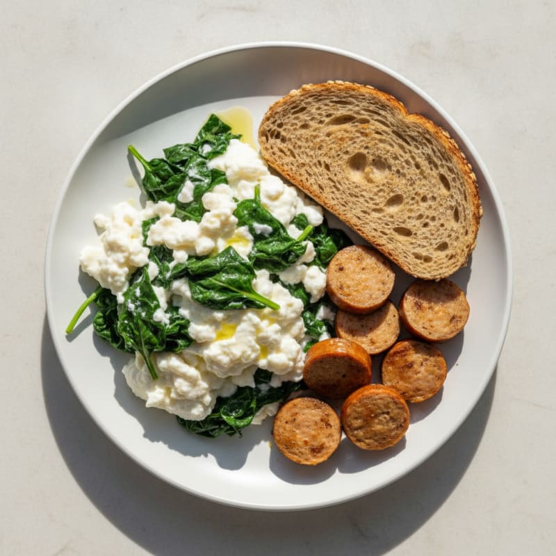 Egg White Scramble with Turkey Sausage and Sautéed Spinach