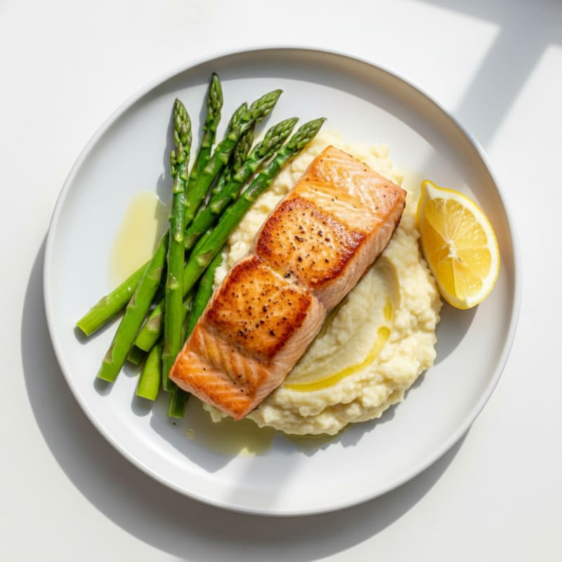 Seared Salmon with Steamed Asparagus and Garlic Cauliflower Mash