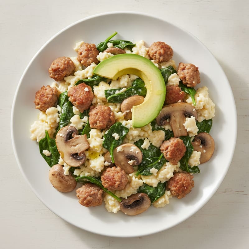 Egg White and Turkey Sausage Scramble with Spinach and Sautéed Mushrooms