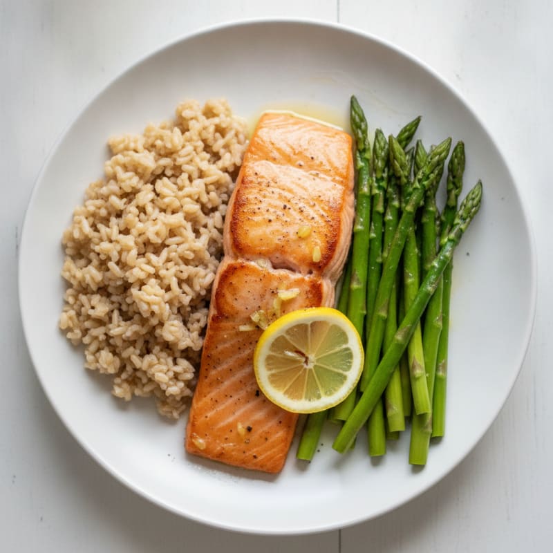 Seared Salmon with Steamed Asparagus and Brown Rice