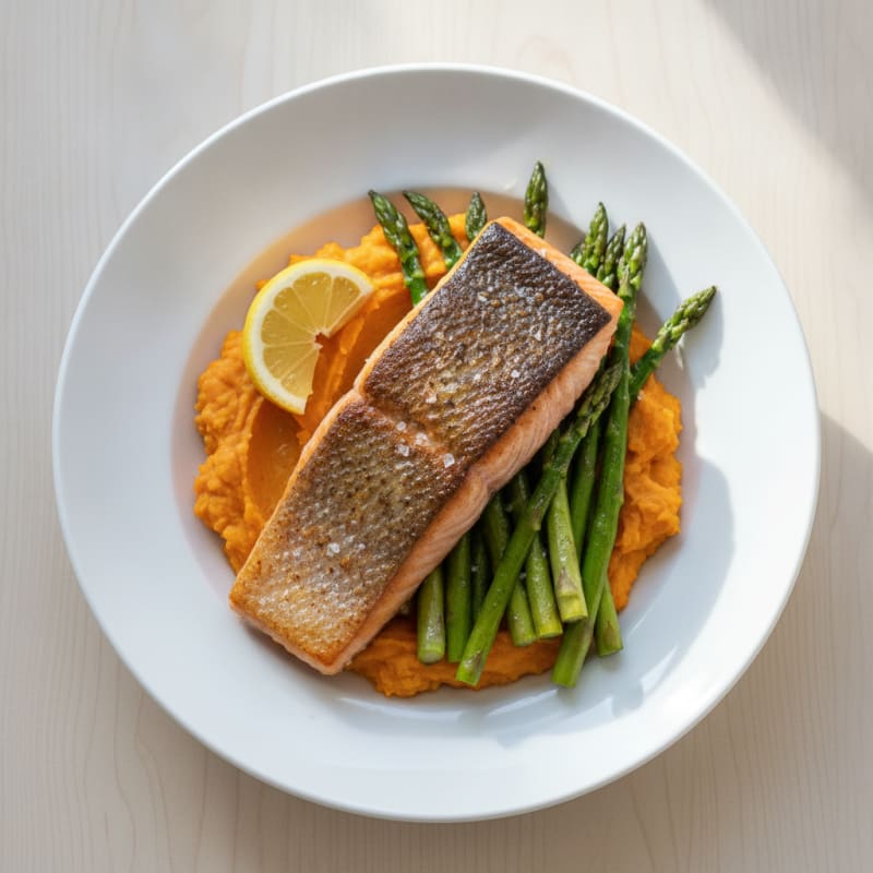 Seared Salmon Fillet with Roasted Asparagus and Sweet Potato Mash