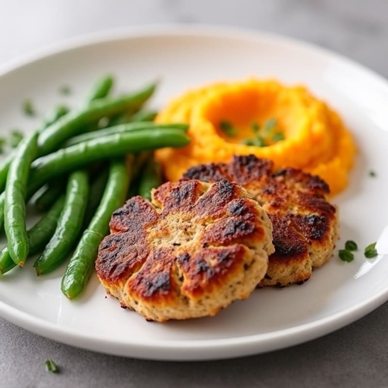 Seared Turkey Patties with Steamed Green Beans and Mashed Sweet Potato