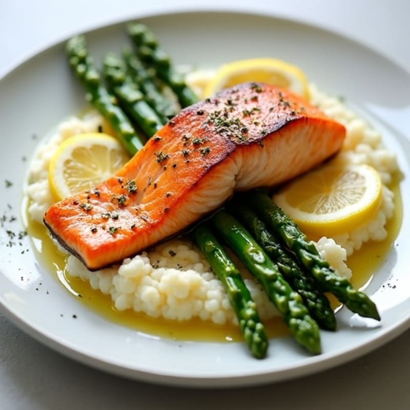 Seared Salmon with Steamed Asparagus and Garlic Cauliflower Mash