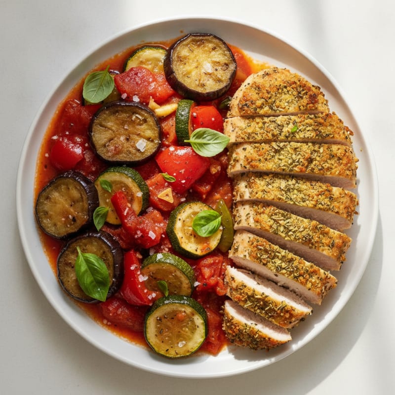 Roasted Vegetable Ratatouille with Herb-Crusted Chicken