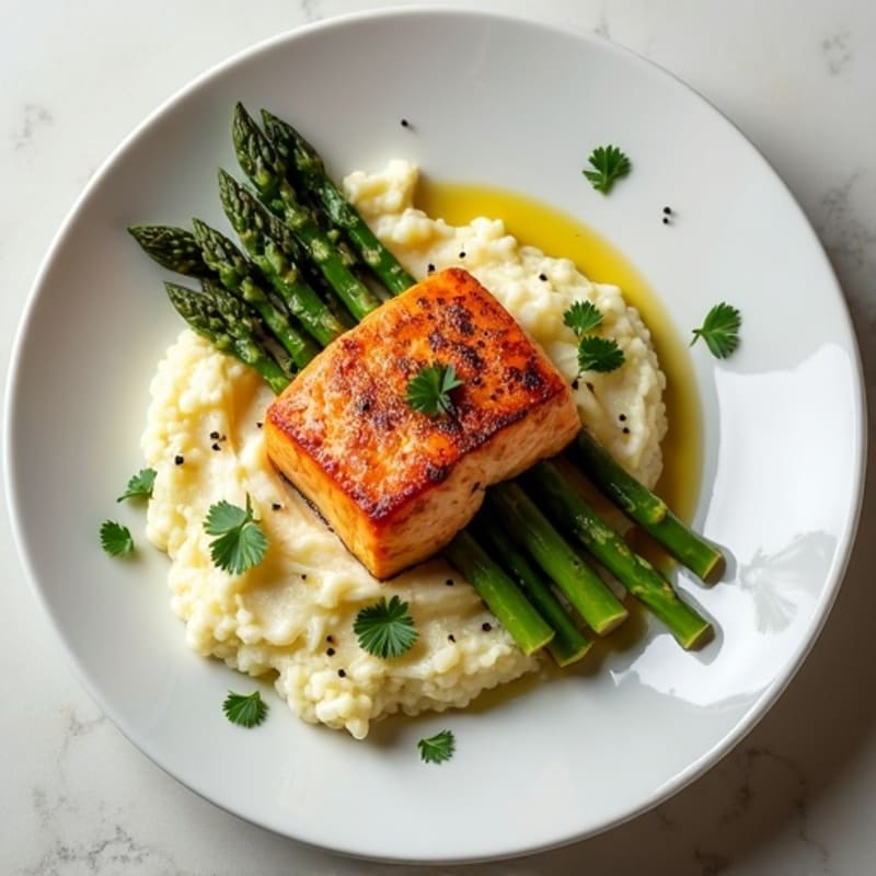 Seared Salmon with Steamed Asparagus and Garlic Cauliflower Mash