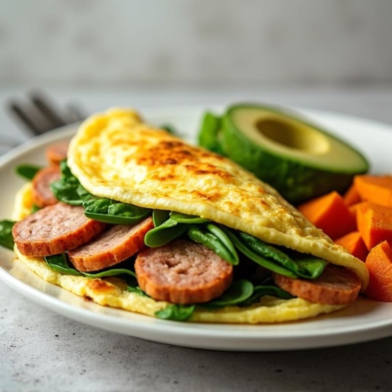 Egg White Spinach Omelette with Turkey Sausage and Roasted Sweet Potatoes