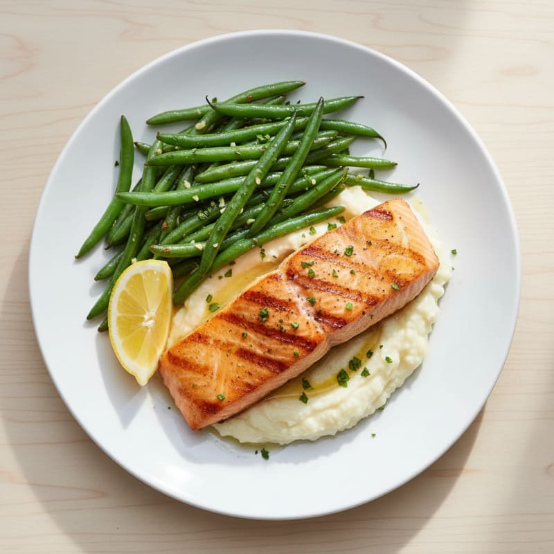 Seared Salmon with Garlic Green Beans and Cauliflower Mash