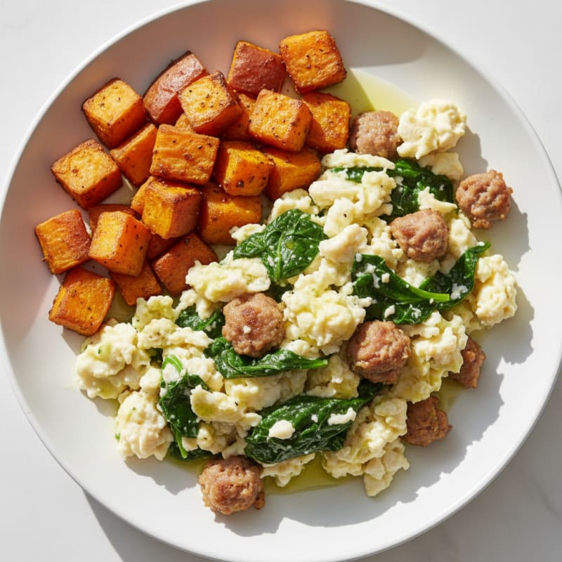 Egg White and Turkey Sausage Scramble with Spinach and Roasted Sweet Potato