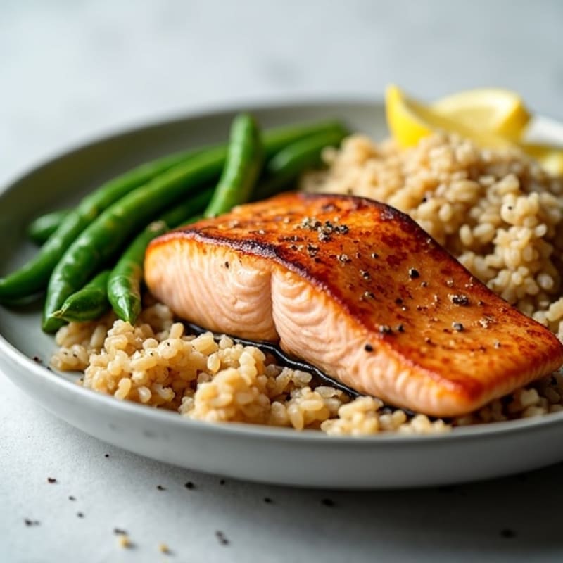 Seared Salmon with Steamed Green Beans and Brown Rice