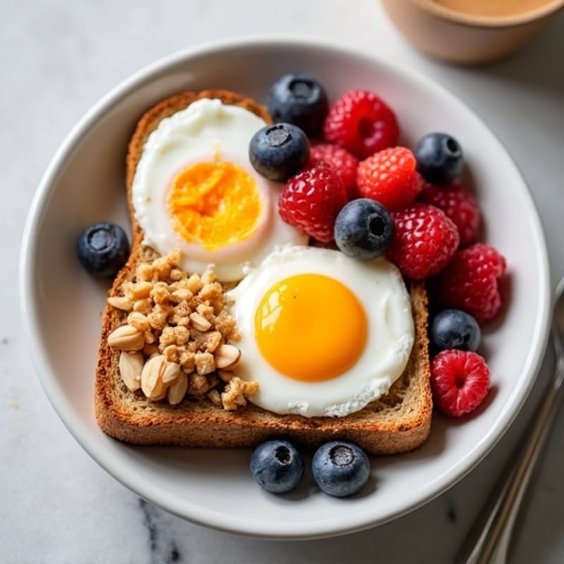 Crunchy Whole Grain Toast with Boiled Egg and Creamy Greek Yogurt Nut Butter Berry Bowl