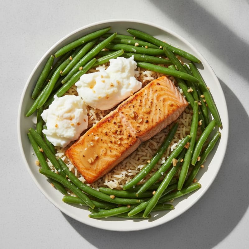 Garlic Salmon, Egg Whites, and Green Beans over Basmati Rice