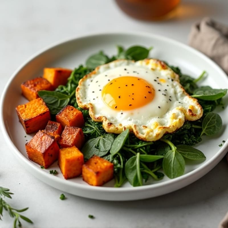 Egg White Spinach Scramble with Roasted Sweet Potatoes
