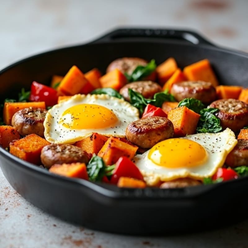 Crispy Sweet Potato and Lean Chicken Sausage Breakfast Skillet
