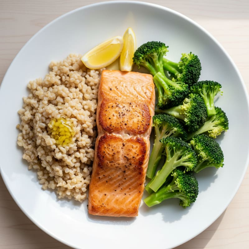 Seared Salmon with Steamed Broccoli and Brown Rice