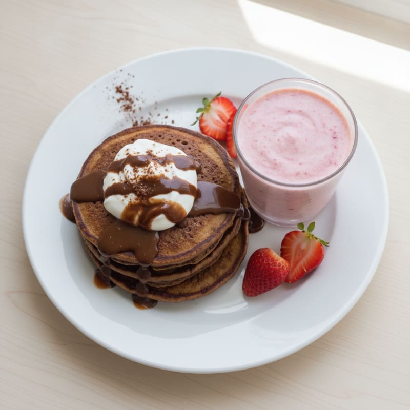 High-Protein Chocolate Pancakes with Greek Yogurt Smoothie