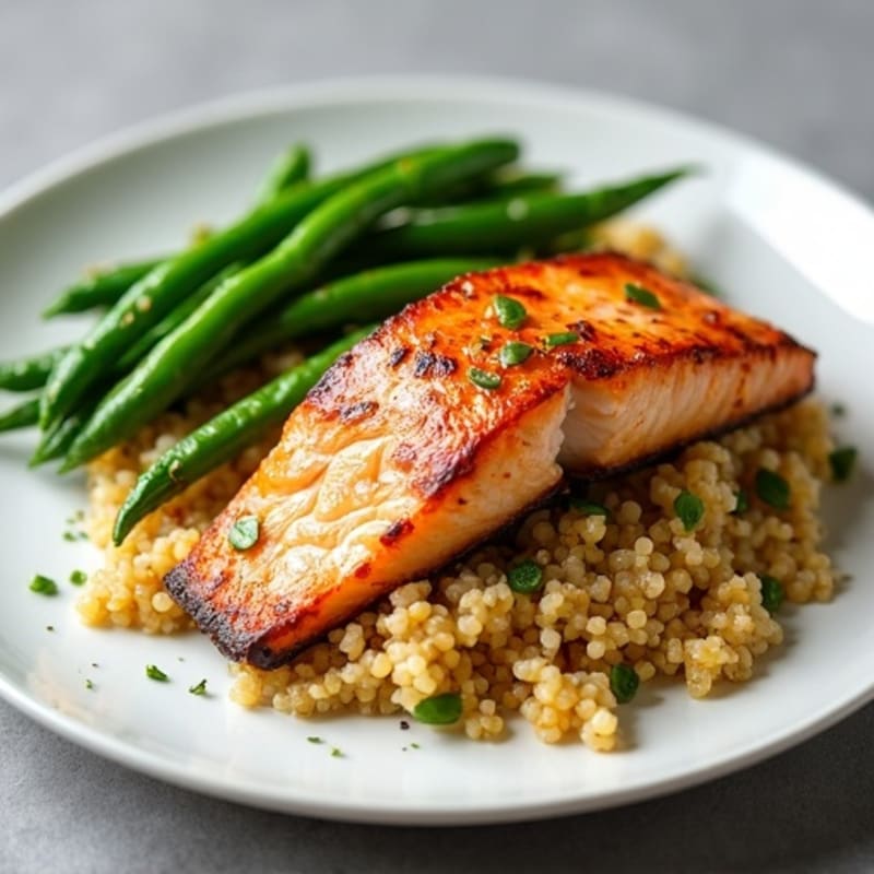 Crispy Pan-Seared Salmon with Roasted Green Beans and Quinoa