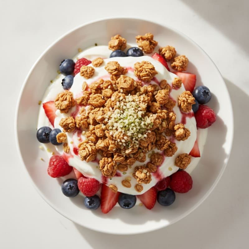 Creamy Greek Yogurt Parfait with Mixed Berries and Vanilla Protein Granola