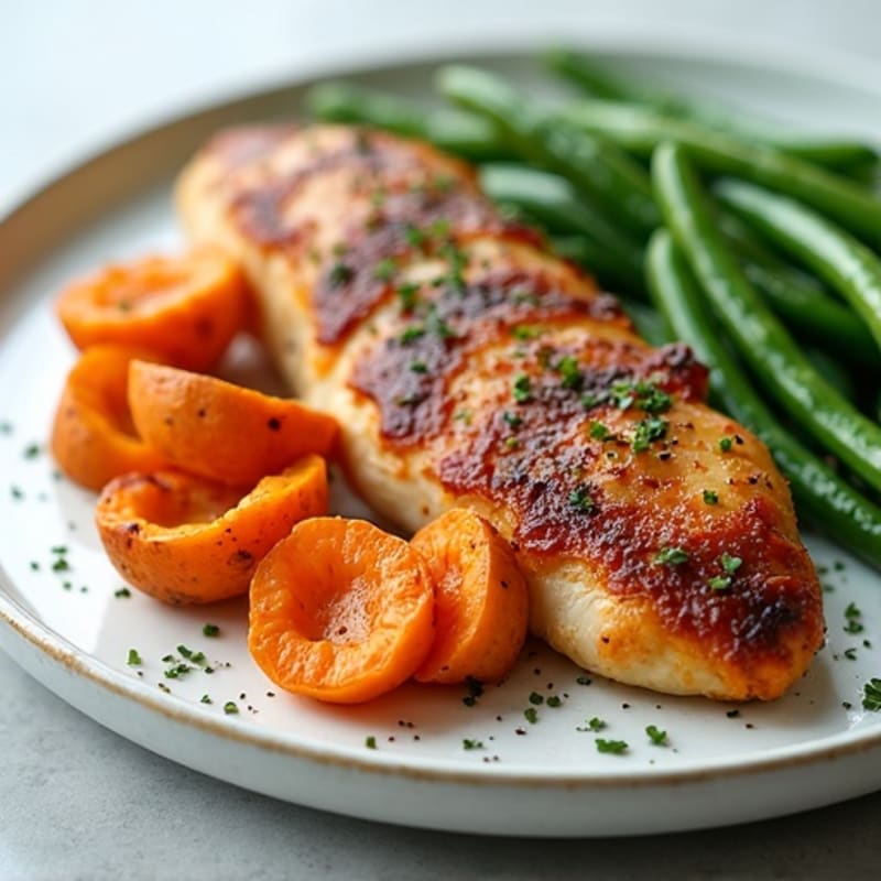 Smoked Chicken Breast with Roasted Sweet Potatoes and Crispy Green Beans