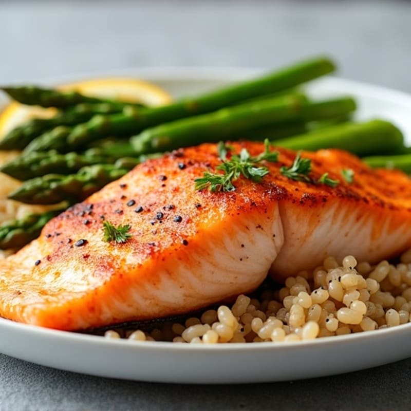 Seared Salmon with Steamed Asparagus and Brown Rice