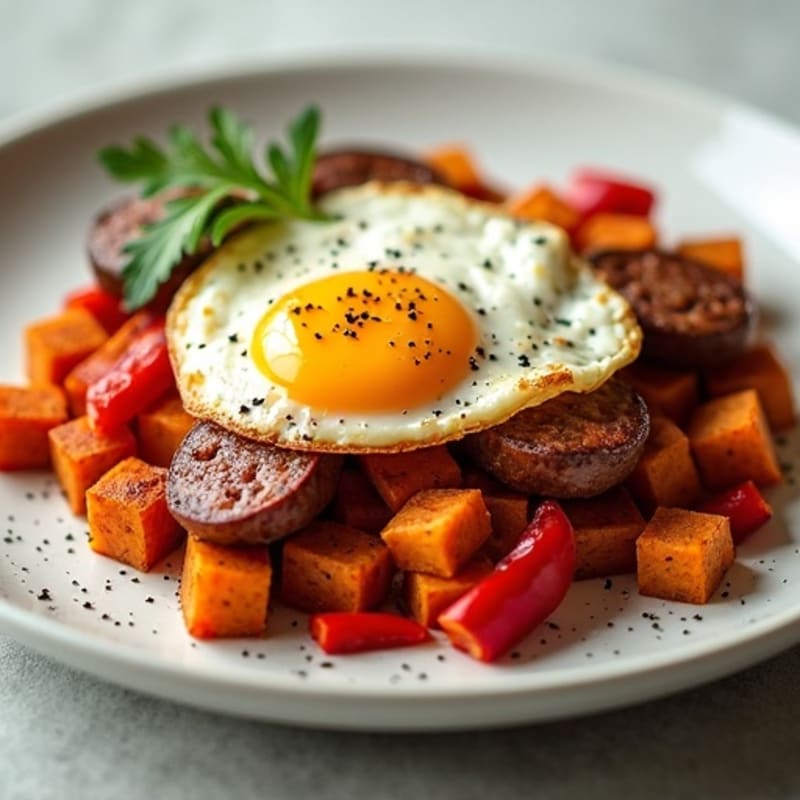 Sweet Potato and Turkey Sausage Hash with Crispy Eggs