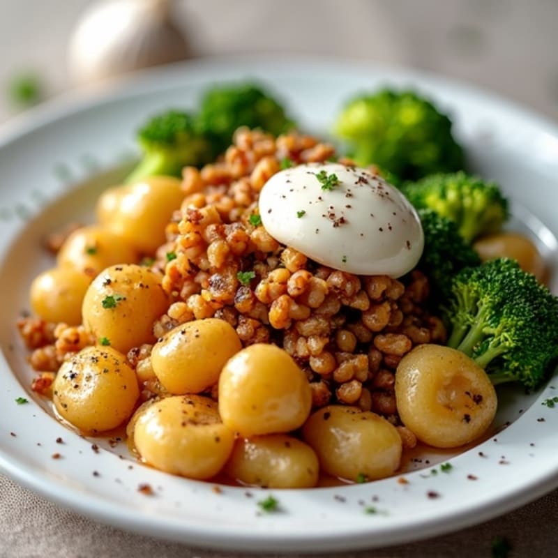 Crispy Gnocchi with Lean Ground Turkey, Roasted Broccoli, and Fresh Mozzarella