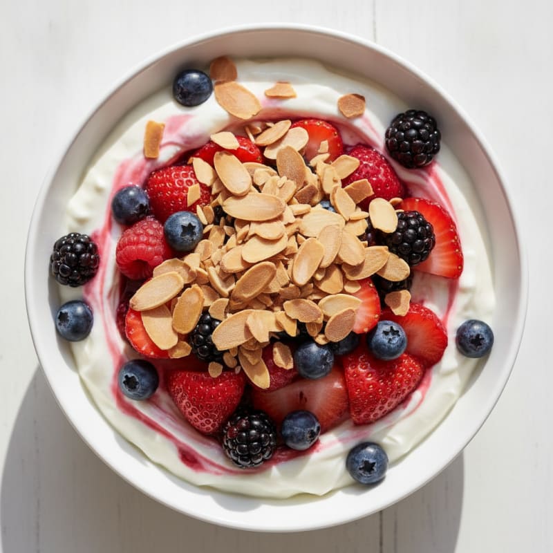 Greek Yogurt Protein Parfait with Mixed Berries and Almonds