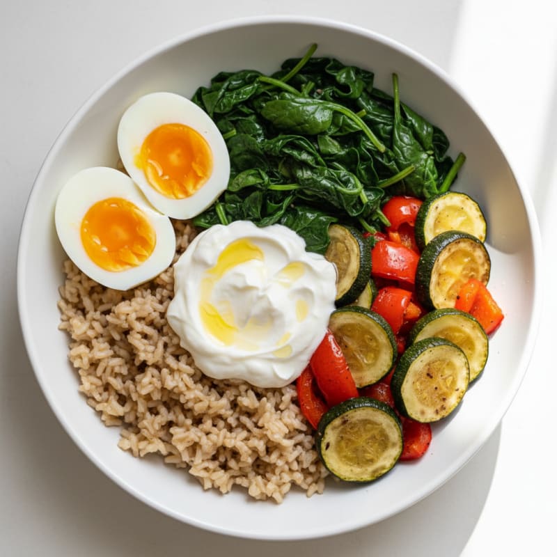 Egg and Spinach Brown Rice Bowl with Roasted Veggies