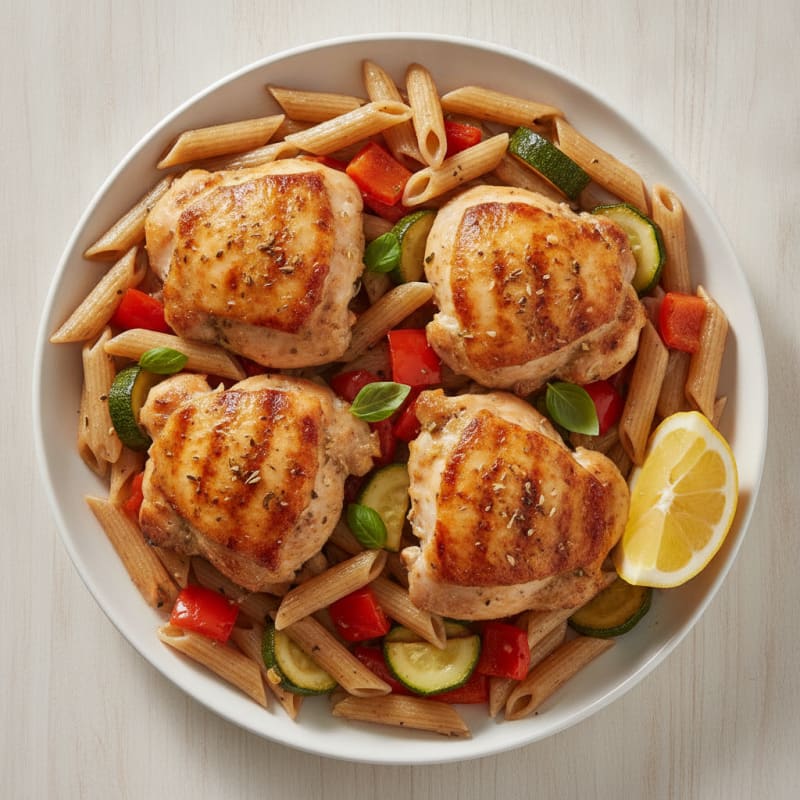 Herb-Roasted Chicken Thighs with Roasted Vegetables and Pasta
