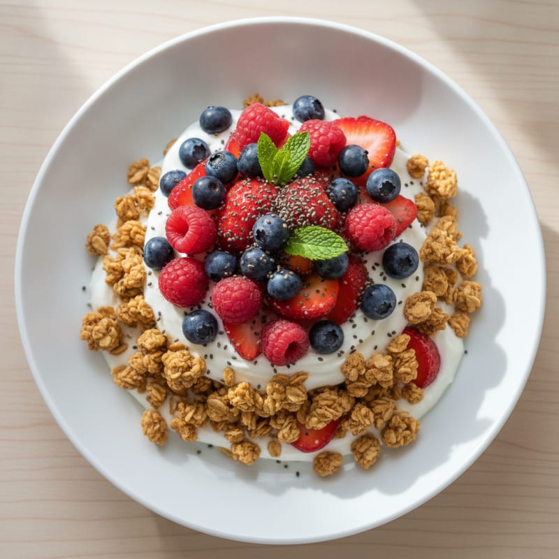 Greek Yogurt Parfait with Mixed Berries and Protein Granola